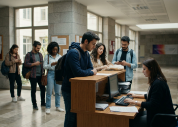 Üniversite kayıt masasında sıra bekleyen ve işlem yapan öğrenciler ve görevli.