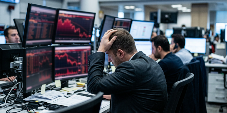 Borsa düşüşü karşısında endişeyle başını tutan bir yatırımcı ve ekranlar.