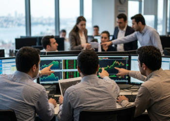 Ofiste bilgisayar ekranlarında finansal grafikler ve veriler inceleyen borsa uzmanları.