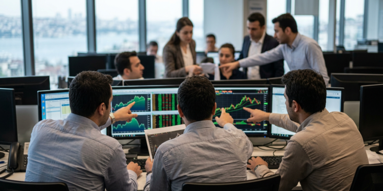 Ofiste bilgisayar ekranlarında finansal grafikler ve veriler inceleyen borsa uzmanları.