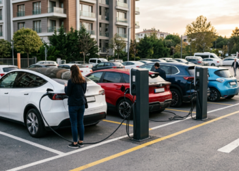Bir otoparkta elektrikli araçlarını şarj eden sürücüler ve şarj istasyonları.