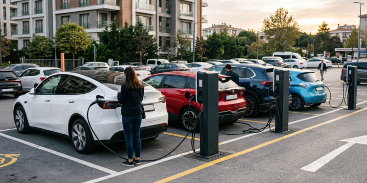 Bir otoparkta elektrikli araçlarını şarj eden sürücüler ve şarj istasyonları.