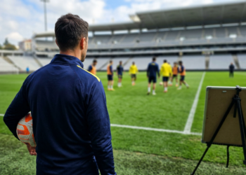 Futbol sahasında antrenman yöneten teknik direktör ve futbolcular.