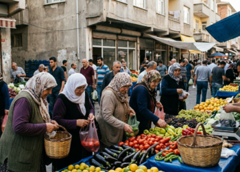 Açık pazarda alışveriş yapan vatandaşlar tezgahtaki meyve ve sebzeleri inceliyor.