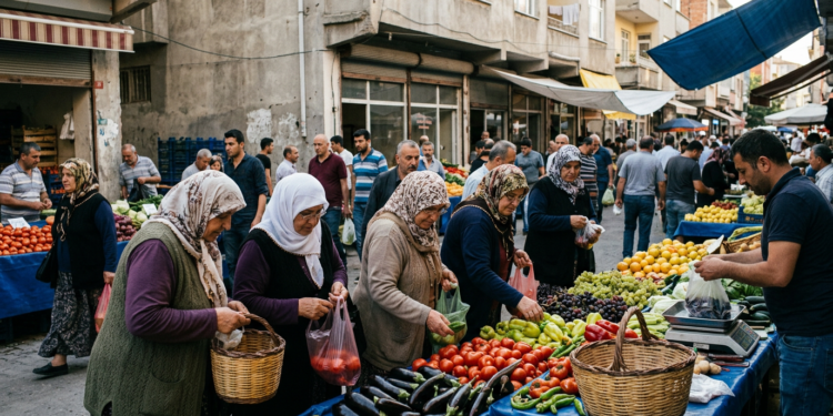 Açık pazarda alışveriş yapan vatandaşlar tezgahtaki meyve ve sebzeleri inceliyor.