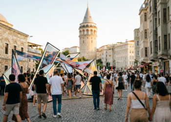 Tarihi sokakta yer alan modern sanat yerleştirmesini inceleyen kalabalık festival ziyaretçileri.