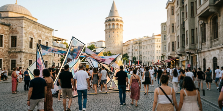Tarihi sokakta yer alan modern sanat yerleştirmesini inceleyen kalabalık festival ziyaretçileri.