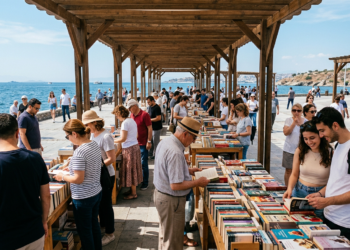 Açık havada kurulan kitap stantlarını inceleyen ve kitaplara bakan insanlar