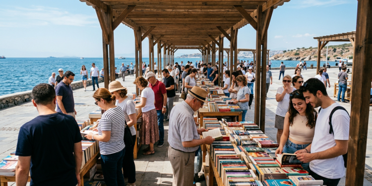 Açık havada kurulan kitap stantlarını inceleyen ve kitaplara bakan insanlar
