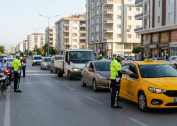 Trafik polisleri caddede durdurdukları araçları denetleyerek sürücülerin evraklarını kontrol ediyor.