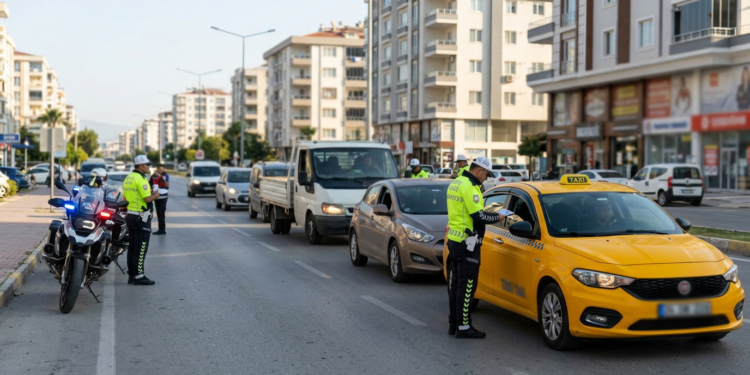 Trafik polisleri caddede durdurdukları araçları denetleyerek sürücülerin evraklarını kontrol ediyor.