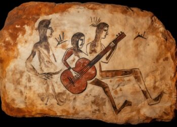 Tarih öncesi dönem kıyafetleri giymiş üç kişinin gitar çaldığı mağara resmi.