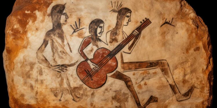 Tarih öncesi dönem kıyafetleri giymiş üç kişinin gitar çaldığı mağara resmi.