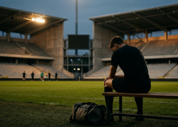 Karanlık stadyumda yedek kulübesinde tek başına oturan futbolcu ve yanında çantası.