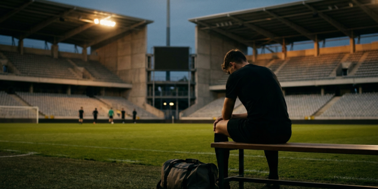 Karanlık stadyumda yedek kulübesinde tek başına oturan futbolcu ve yanında çantası.