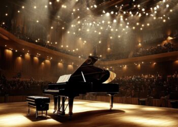 Konser salonunda ahşap sahne üzerinde duran siyah kuyruklu piyano.