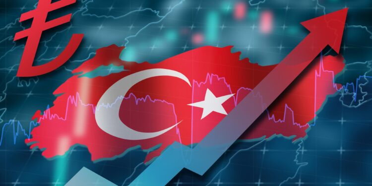 Türkiye haritası üzerinde yükselen kırmızı ok ve Türk lirası simgesi.