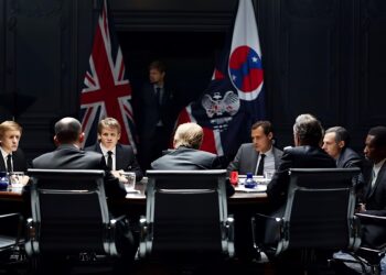 Masada oturan takım elbiseli diplomatlar ve arka planda resmi bayraklar.