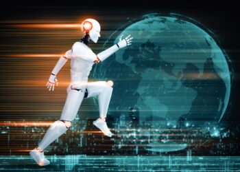 Dijital dünya arka planında hızla koşan yapay zeka robotu.