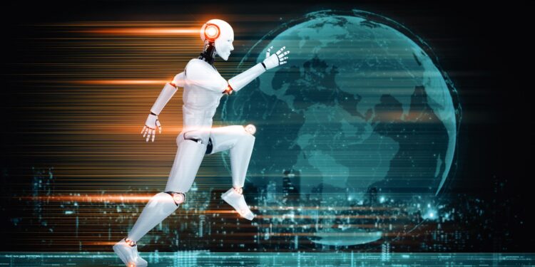Dijital dünya arka planında hızla koşan yapay zeka robotu.